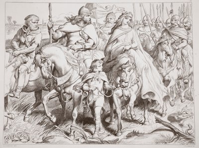 Hereward guarda Alftruda a um lugar da segurança, ilustração de Hereward o grande por Charles Kingsley, bar. 1870, gravado por CG Lewis (gravura em chapa de aço) de Henry Courtney Selous