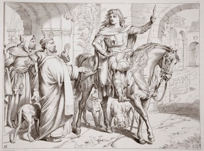 Hereward informa ao seu tio, o Prior, que ele está prestes a ser banido, ilustração de Hereward the Great, de Charles Kingsley, pub. 1870, gravado por CG Lewis (gravura em chapa de aço) de Henry Courtney Selous