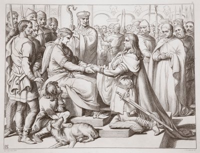 Como Hereward veio para o rei, ilustração de Hereward the Great, de Charles Kingsley, pub. 1870, gravado por CG Lewis (gravura em chapa de aço) de Henry Courtney Selous
