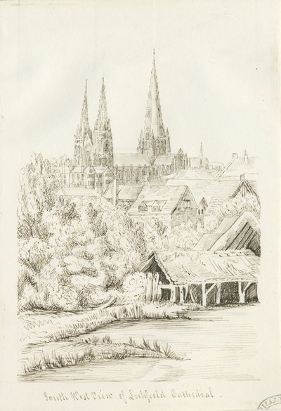 Catedral de Lichfield - Vista sudoeste: desenho a caneta, nd [ 1788-1855] (desenho) de Henry Curzon Allport
