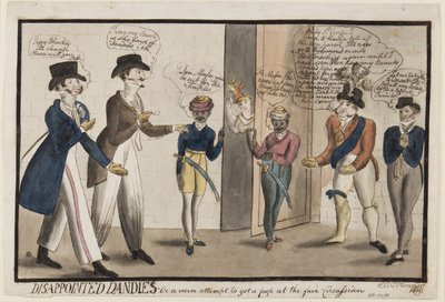 Dândis desapontados: Ou uma tentativa vã de dar uma espiada na feira Circassiana, 1819 (caneta, pincel, tinta e wc no papel) de Henry E. O. OConnor