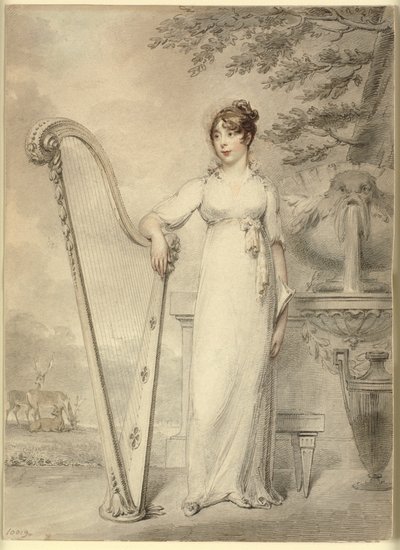 Retrato de corpo inteiro de "Senhorita V. Dupuis" descansando o braço em uma harpa. Ao fundo uma fonte e uma paisagem com veados de Henry Edridge