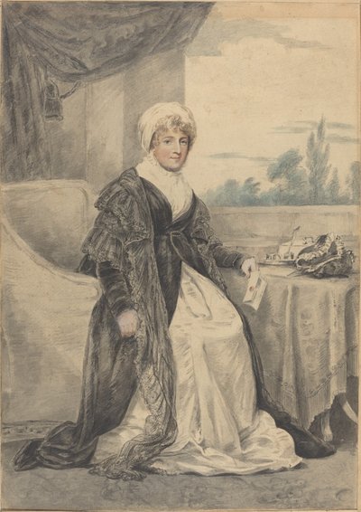 Mulher sentada em uma mesa, segurando uma carta de Henry Edridge
