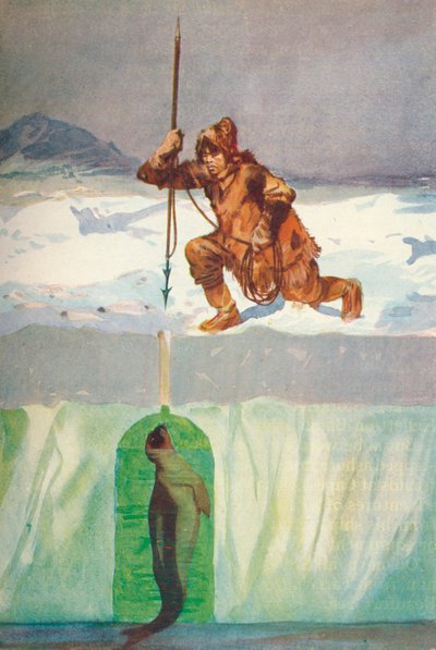 Esquimóico prestes a lançar um selo através do seu buraco respiratório, c1927, 1928 de Henry Evison