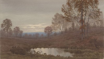 Paisagem ao pôr do sol com lagoa de Henry Farrer