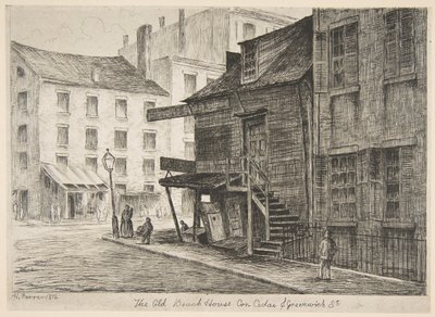 A casa de praia velha, canto das ruas Cedar e Greenwich das cenas da velha Nova York, 1874. de Henry Farrer
