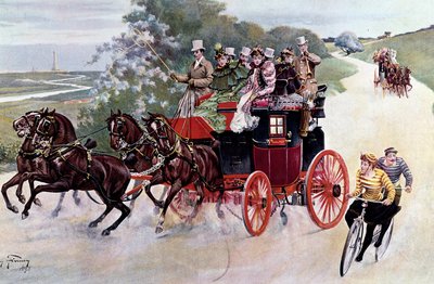 Uma carga de passageiros e ciclistas. Litografia baseada numa pintura de Henry Finney (século XIX), por volta de 1890. Coleção Particular de Henry Finney