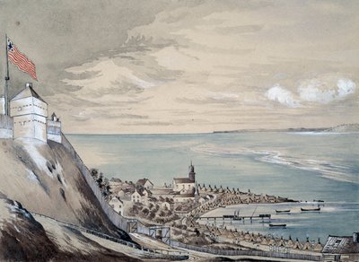 Forte e vilarejo de Mackinaw, com o acampamento indígena, setembro de 1842 (wc no papel) de Henry Francis Ainslie
