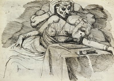 Uma mulher desmaiando em uma mesa de escrever, com uma figura ameaçadora atrás de Johann Heinrich Füssli