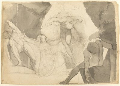 Ajudado por Eerriboia, Hermes carrega o Ares exausto dos filhos adormecidos de Aloeus (reto); Esboço de Um dos Filhos Adormecidos de Aloeus (verso) de Johann Heinrich Füssli