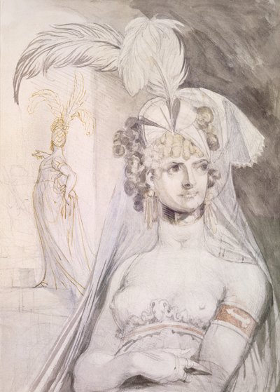Metade da figura de uma cortesã com penas, um arco e um véu no cabelo, 1800-10 (lápis, wc e tinta no papel) de Johann Heinrich Füssli