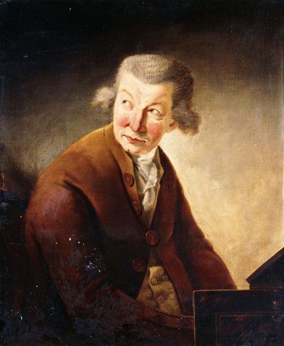 Retrato de um cavalheiro, identificado como Franz Joseph Haydn, meio comprimento, em um Pianoforte de Johann Heinrich Füssli