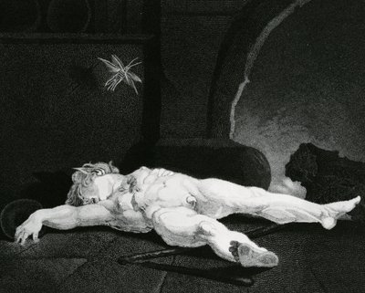 Puck Basking adormecido antes da lareira do país, gravada por Moses Haughton Jr. de Johann Heinrich Füssli