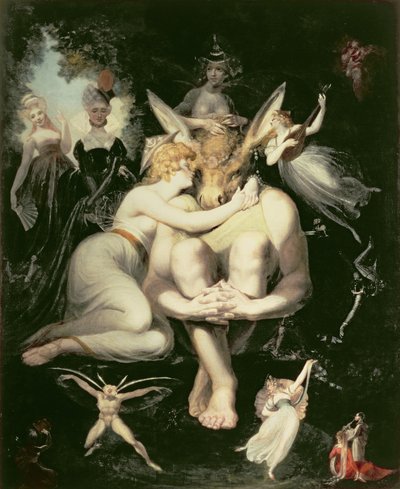 Titania acorda, cercada por fadas atendentes, agarrando-se arrebatadamente a Bottom, ainda usando a cabeça do asno, 1793-4 de Johann Heinrich Füssli