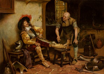 A Splendid Fit, um homem sendo equipado com armadura (chromolitho) de Henry Gillard (after) Glindoni
