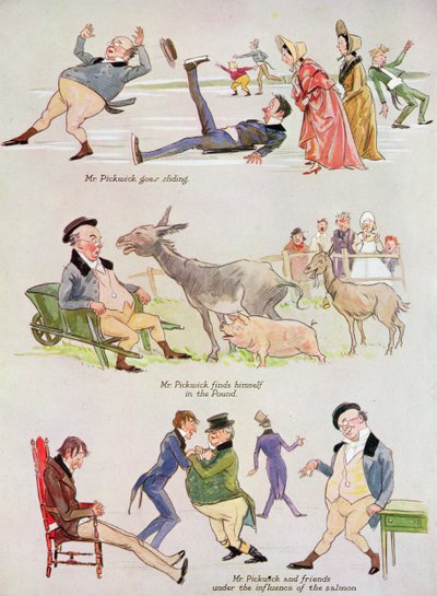 Desenhos animados do Sr. Pickwick de &39;Holly Leaves&39;, número de Natal do ilustrado Sporting e Dramatic News, 1934 (litografia de cor) de Henry Harris