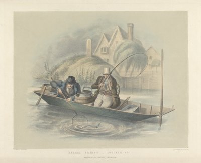 Barbel Fishing, Twickenham, de um conjunto de seis imagens de Angling (litho colorido à mão) de Henry Heath