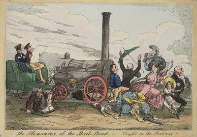 Os Prazeres da Estrada de Ferro - Travado na Ferrovia !, c.1840 (gravura colorida à mão) de Henry Heath