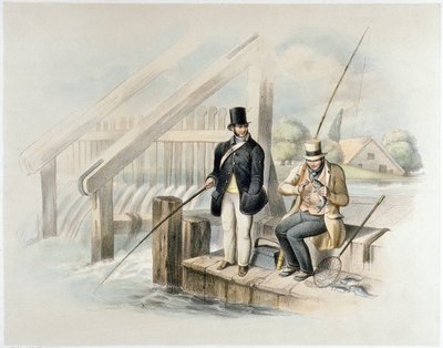 Pesca de trutas, Beddington Park, de um conjunto de seis imagens de &39;Angling&39; (litho colorido à mão) de Henry Heath