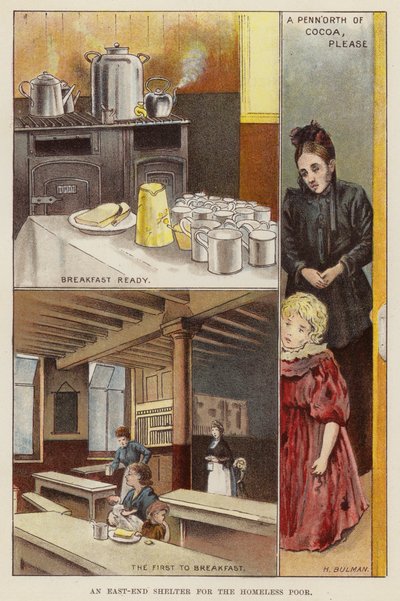 Abrigo para os pobres sem-teto no East End de Londres, final do século 19 (cromolitho) de Henry Herbert Bulman