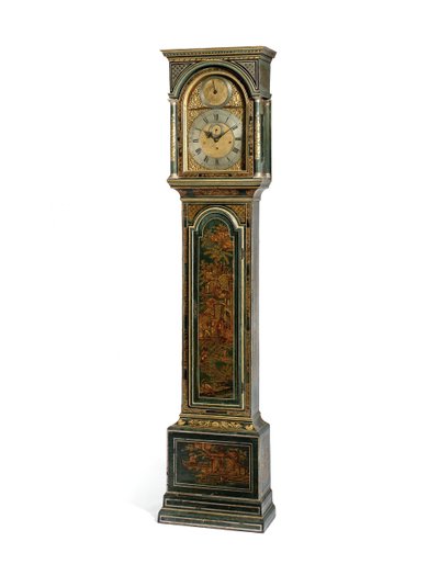 Relógio de caixa longa marcante de quarto longo azul japonês George III, York, c.1760 (madeira e metal) (ver também 615808) de Henry Hindley