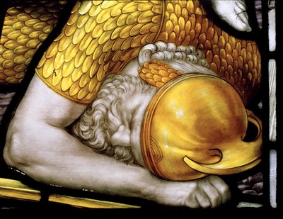 Muncaster, St Michael, James Powell & filhos, feriado de Henry, detalhe de guerreiro, anjos da janela do julgamento, 1887 de Henry Holiday