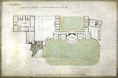 Brighthelmstone, ou Brighton Pavilion - planta geral da casa e estábulos com terreno, mostrando extensão pelo arquitecto Henry Holland (1745-1806), c.1801 (aguarela sobre papel) de Henry Holland