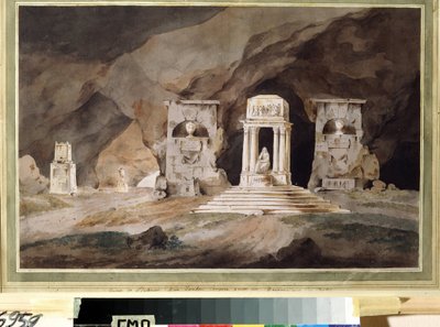 ""Um cemitério"" (Cemitério antigo) Decoração de teatro desenhada em aquarela por Henry Hudfield (século XVIII) 1790 Museu Palácio Teatro Ostankino, Moscou de Henry Hudfield