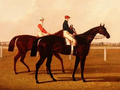 Os cavalos de corrida "Charles XII" e "Euclides" com Jockeys Up de Henry Hugh Armstead