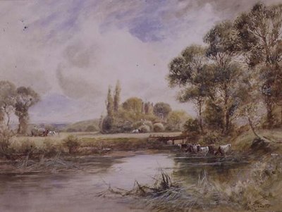 Paisagem com Prados e Bebidas de Gado (aguarela sobre papel) de Henry John Kinnaird