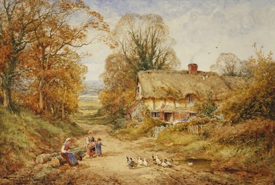 Crianças que alimentam patos ao lado de uma casa de campo numa faixa arborizada de Henry John Sylvester Stannard