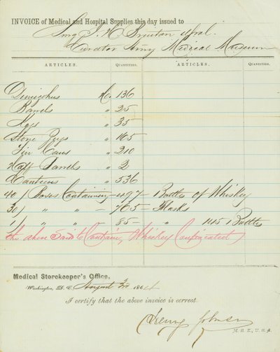 Fatura de lojas médicas e hospitalares, assinada por Henry Johnson, 30 de agosto de 1864 de Henry Johnson