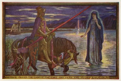 Arthur conhece a Dama do Lago e recebe a Espada Excalibur (litografia colorida) de Henry Justice Ford