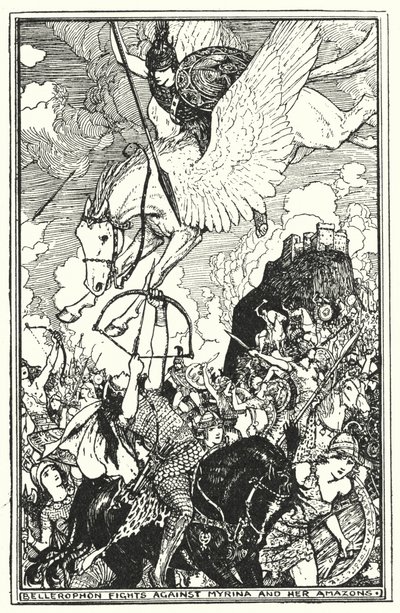 Bellerophon luta contra Myrina e as suas Amazonas (litho) de Henry Justice Ford