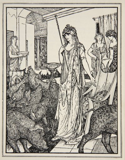 Circe envia os Suínos (Os Companheiros de Ulisses) para os Chiqueiros, frontispício de &39;Contos dos Mares Gregos&39; por Andrew Lang, 1926 (tinta no papel) de Henry Justice Ford