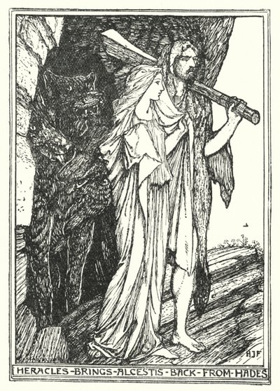 Heracles traz Alcestis de volta de Hades (litho) de Henry Justice Ford
