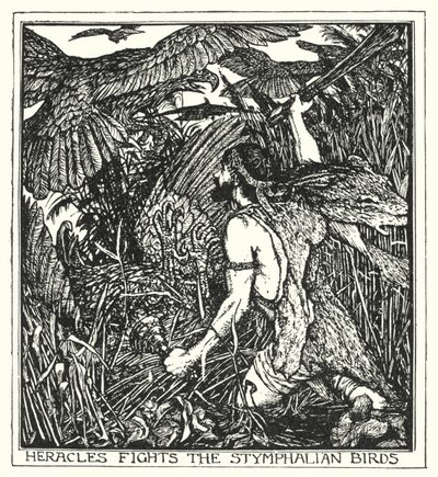 Heracles luta contra as aves Stymphalian (litho) de Henry Justice Ford