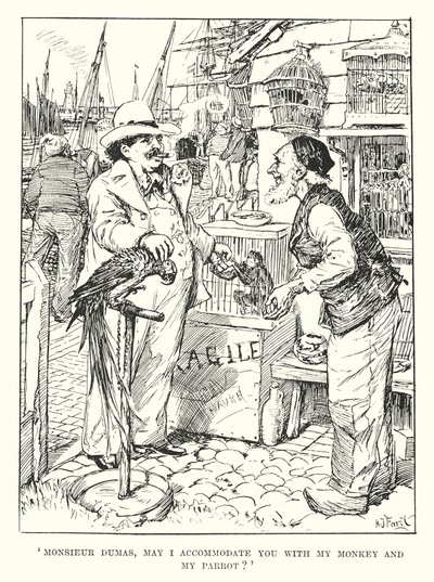 Monsieur Dumas, posso alojar-vos com o meu macaco e o meu papagaio" (gravura) de Henry Justice Ford