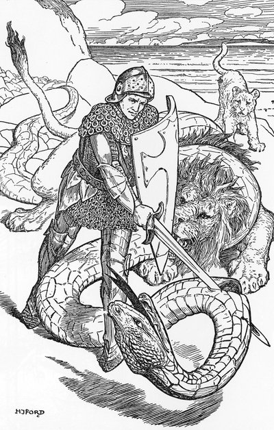 Percival fightint the serpent Illustration de HJ Ford (1860-1940) de "The book of romance" 1902 Colecção privada de Henry Justice Ford