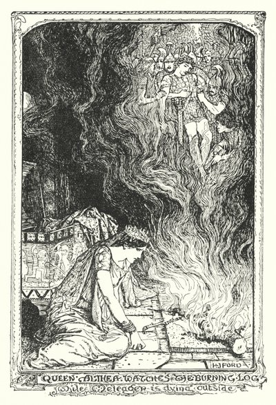 A rainha Althea observa o tronco em chamas enquanto o Meleager está a morrer lá fora (litho) de Henry Justice Ford