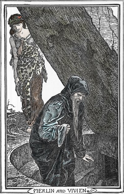 Representação de Merlin, o Encantador e Fee Viviane (Merlin anc Vivien) Ilustração de Henry Justice (HJ) Ford (1860-1941) de "The book of romance" 1902 Collection privee de Henry Justice Ford