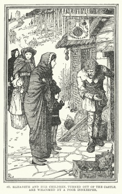 Santa Isabel e os seus filhos, expulsos do castelo, são acolhidos por um pobre estalajadeiro (litho) de Henry Justice Ford