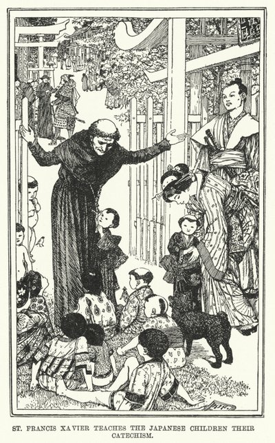 São Francisco Xavier ensina às crianças japonesas o seu catecismo (litho) de Henry Justice Ford