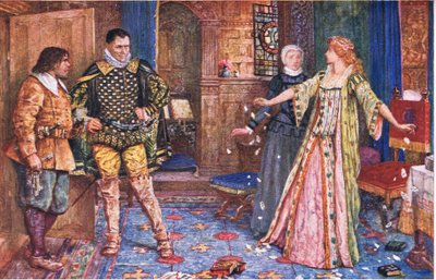 A condessa de Leicester rasga sua carta de maridos na presença de Varney e Foster, ilustração de Kenilworth, c.1910 de Henry Justice Ford
