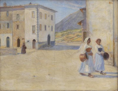 Meninas a caminho do poço para água ao meio-dia. Civita d