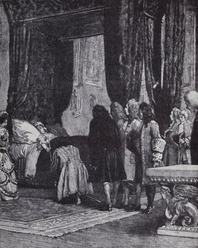 A Rainha Ana no seu leito de morte nomeia o Duque de Shrewsbury como Lord Treasurer de Henry Marriott (after) Paget