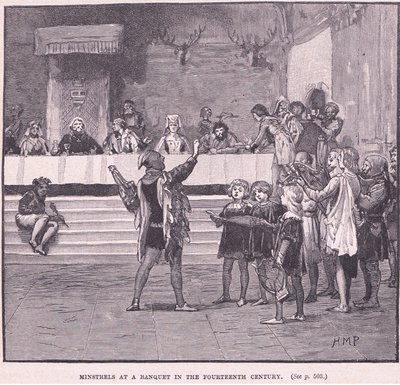 Minstrels em um banquete no século XIV de Henry Marriott Paget