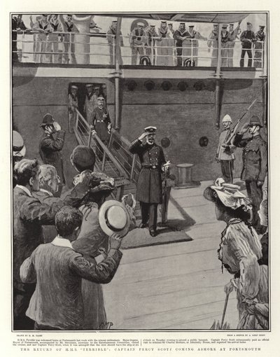 O retorno do HMS Terrible, o capitão Percy Scott chegando em terra em Portsmouth de Henry Marriott Paget