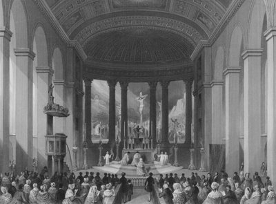 Celebração da Missa no dia de Natal, Capela Católica Romana, Moorfields, City of London (gravura) de Henry Melville
