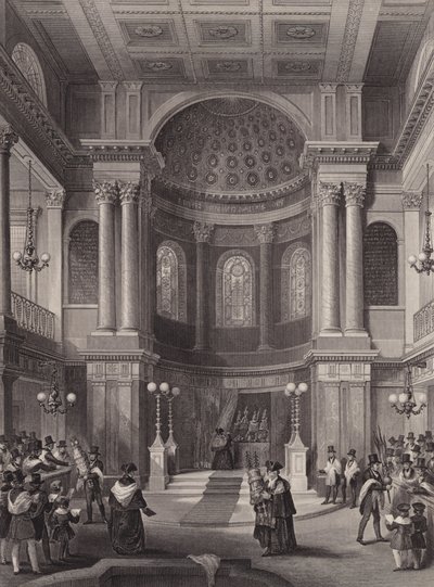 Celebração da Festa de Tabernáculos, Sinagoga Judaica, Grande Santa Helena, Londres (gravura) de Henry Melville